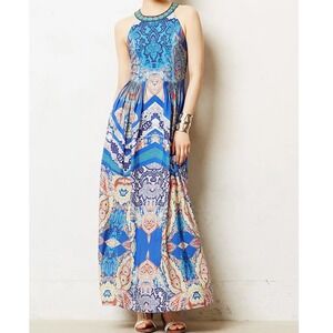 AnthropolgiRanna Gill Blue Paisley Embellished Halter Maxi‎ Dress Size 0 Boho z2